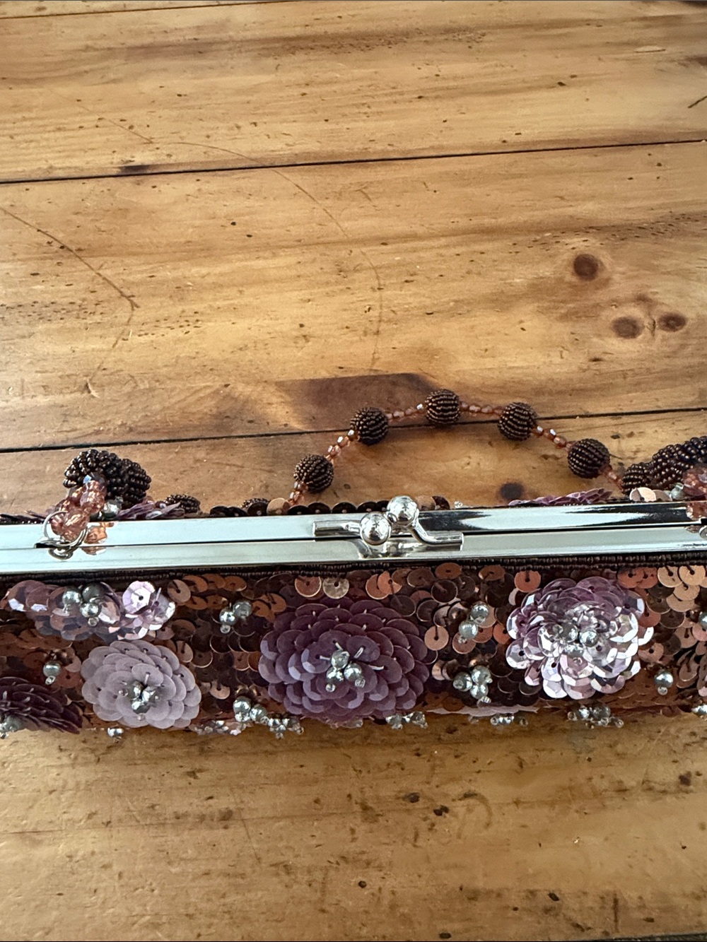Far Nine vintage Bronze brown flower satin purse - Picture 6 of 16